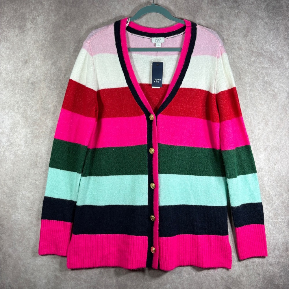 Crown & Ivy Sweater Womens Medium Multi Striped Cardigan Gold Button Preppy NEW